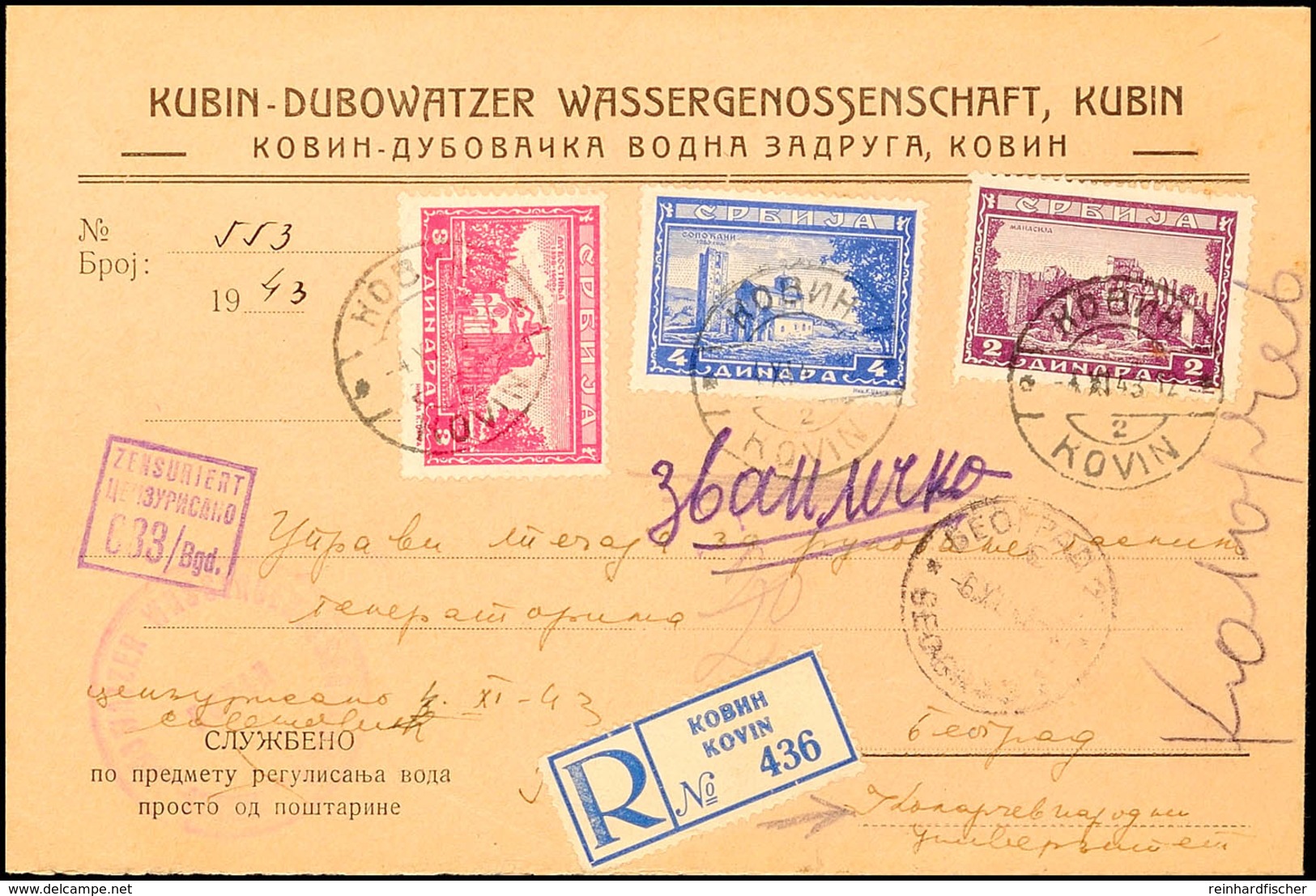 Buntfrankatur Aus 2 Din., 3 Din. Und 4 Din. Auf Portogerechtem Inlands-R-Brief Nach Belgrad Mit Aufgabe-Stpl. KOVI N/2 V - WW2