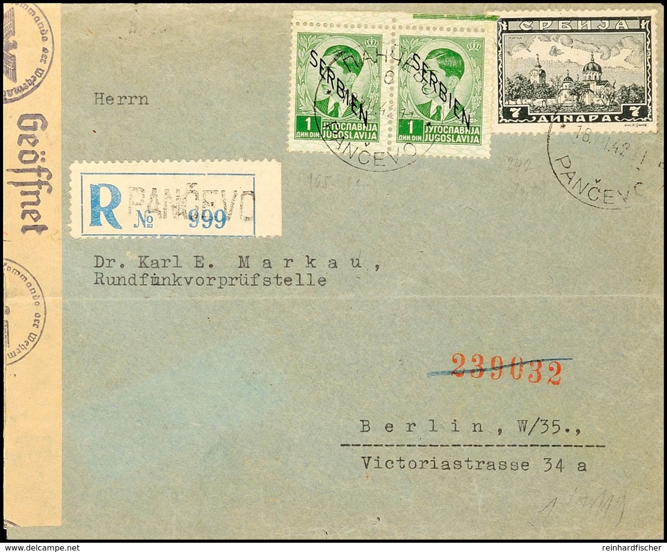 Mischfrankatur Aus Klöster über 7 Din. Mit Serbien I über 1 Din.(Paar) Auf Portogerechtem Auslands-R-Brief Nach Berlin M - WW2