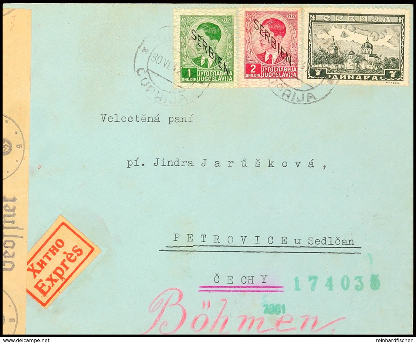 Mischfrankatur Aus Klöster über 7 Din. Mit Serbien I über 1 Din. Und 2 Din. Auf Portogerechtem Auslands-Eil-Brief Nach P - WW2