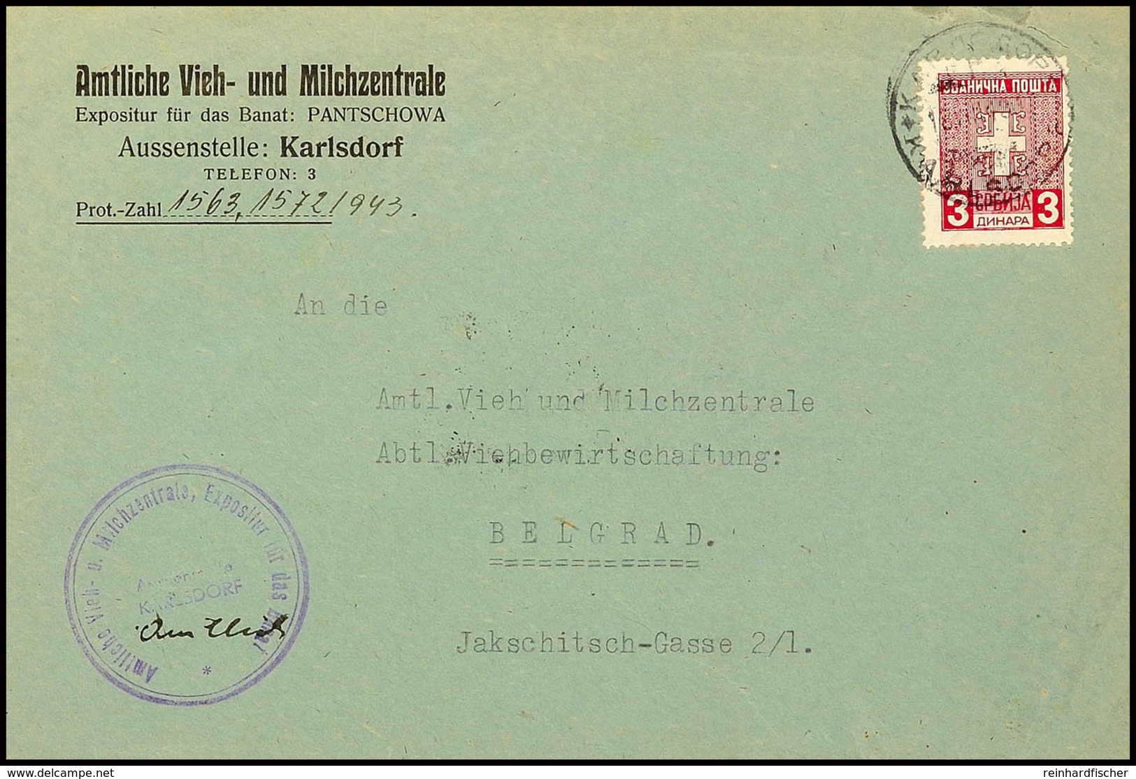 Dienstmarke über 3 Din. Auf Portogerechtem Inlandsbrief Der Amtlichen Vieh- Und Milchzentrale, Aussenstelle Karlsdorf, N - Tweede Wereldoorlog