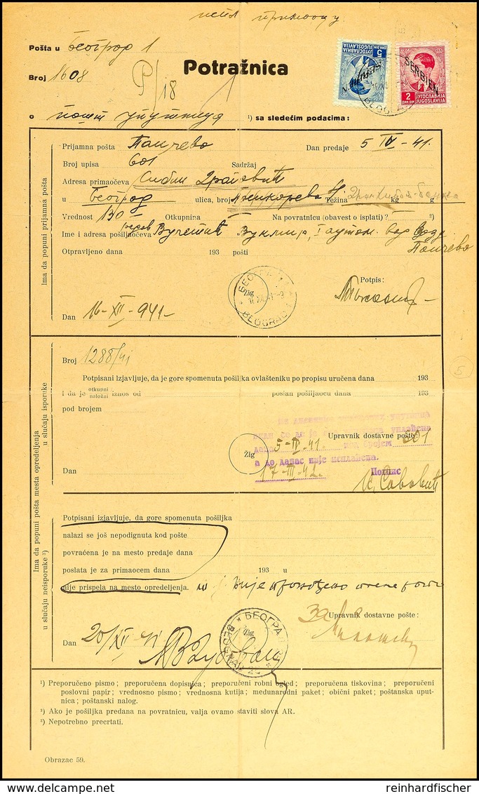 Mischfrankatur Aus Serbien I über 2 Din. Mit Serbien II über 5 Din. Auf Gebührengerechter Reklamation Mit Entwertungs- U - WW2