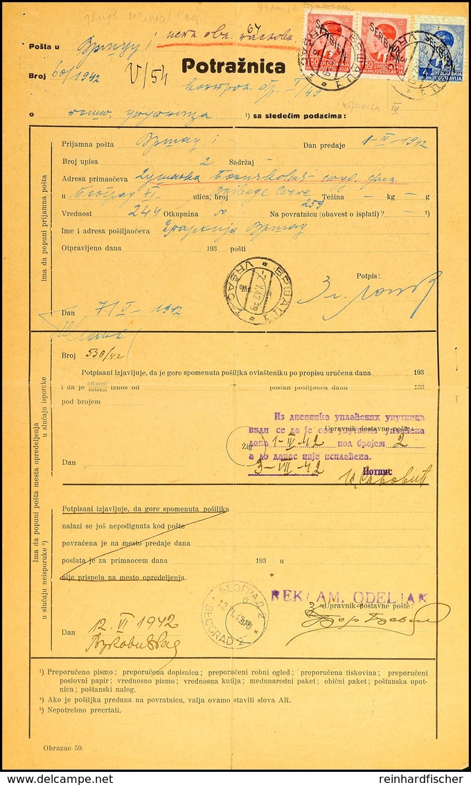 Mischfrankatur Aus 1,50 Din.(Paar) Mit 4 Din. Auf Gebührengerechter Reklamation Mit Entwertungs- Und Ausfertigungs-Stpl. - WW2