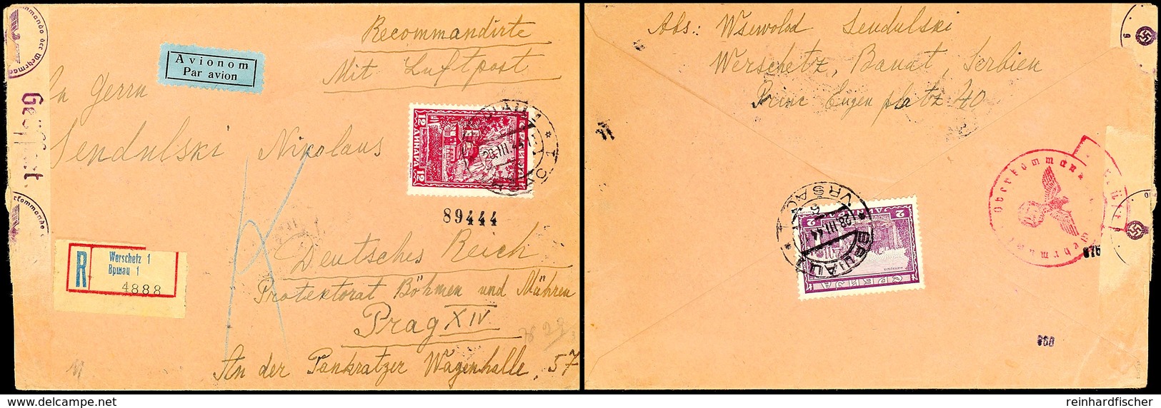 Mischfrankatur Aus 2 Din.(auf Der Briefrückseite) Mit 12 Din. Auf Portogerechtem Luftpost-Auslands-R-Brief Nach Prag Im  - WW2