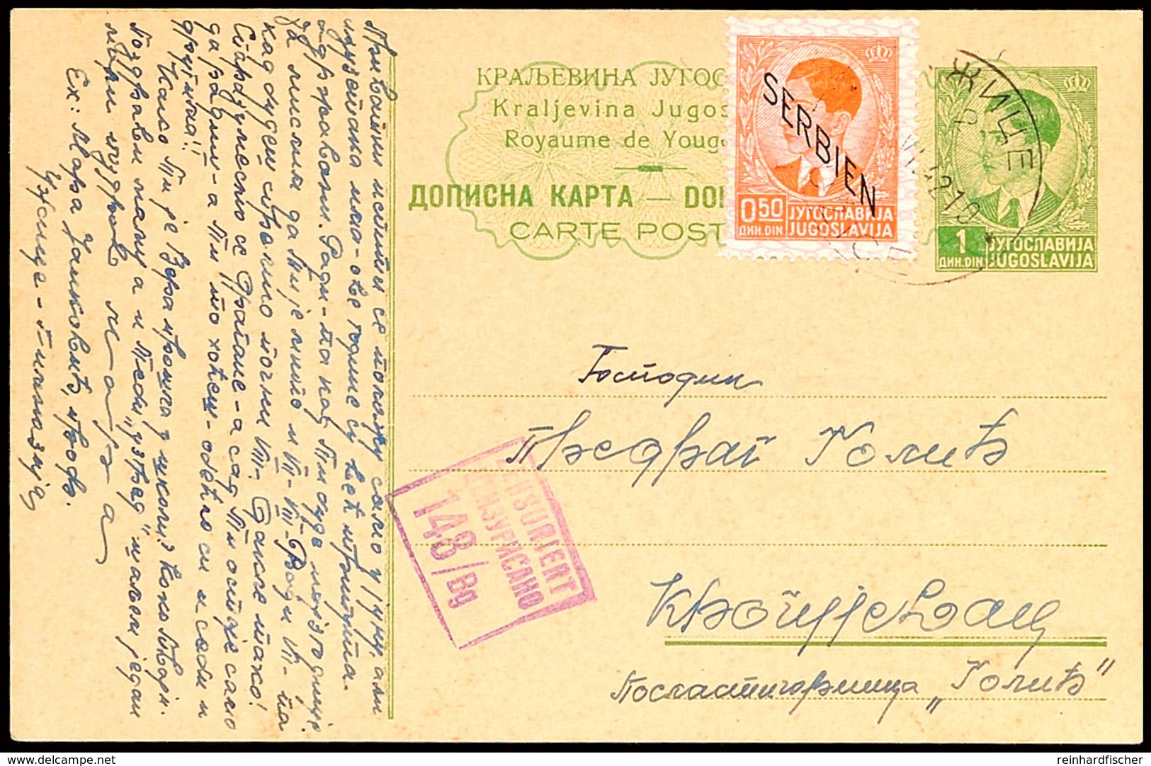 1 Din. Ganzsachenkarte Mit Zusatzfrankatur 0,50 Din. Mit EKr. "UZICE 2 / 14.6.42" Sowie Zensurstempel 148 / Bg Der Zensu - Andere & Zonder Classificatie