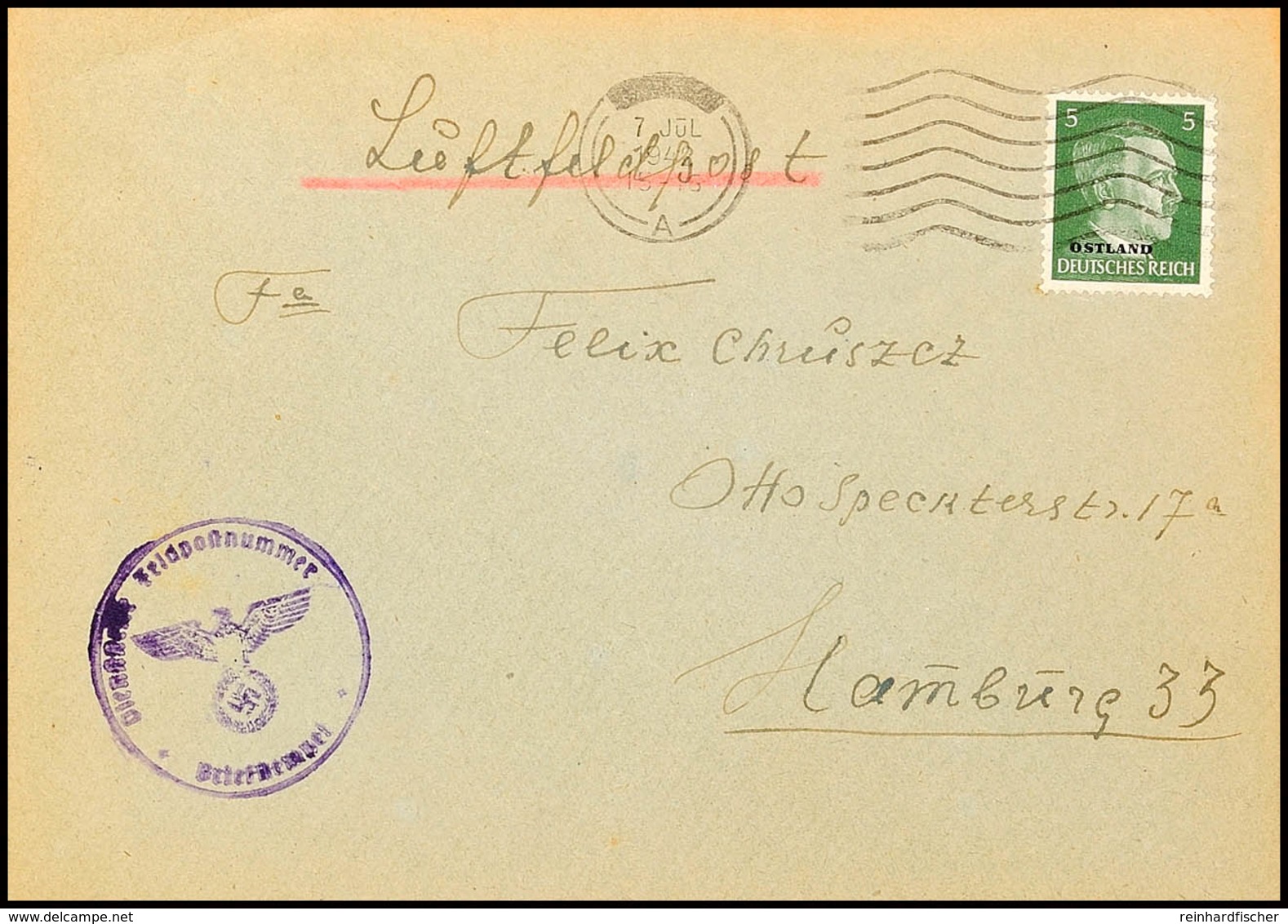 1942, Luftfeldpostbrief Mit  Ostland 5 Pfg Mit Tran-Maschinenstempel Von Riga / Lettland Nach Hamburg, Umschlag Alterssp - Andere & Zonder Classificatie