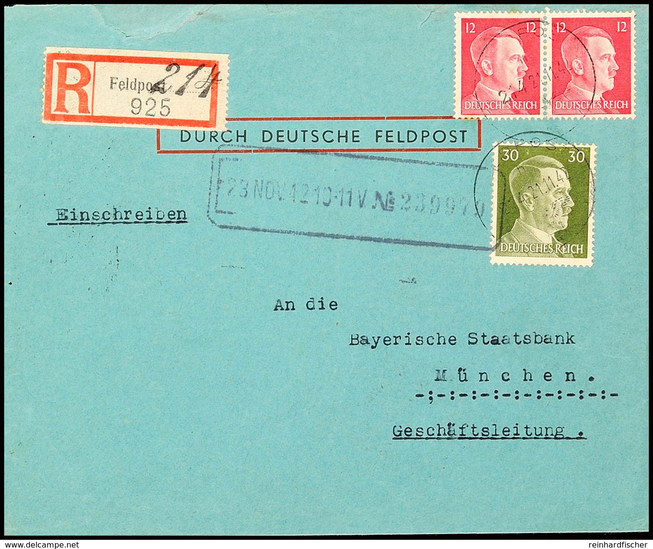 1942, Frankierter Einschreibe-Brief Der Continetale Bank Aus Brüssel Mit Normstempel "h 214 21.11." Und Entsprechendem F - Andere & Zonder Classificatie