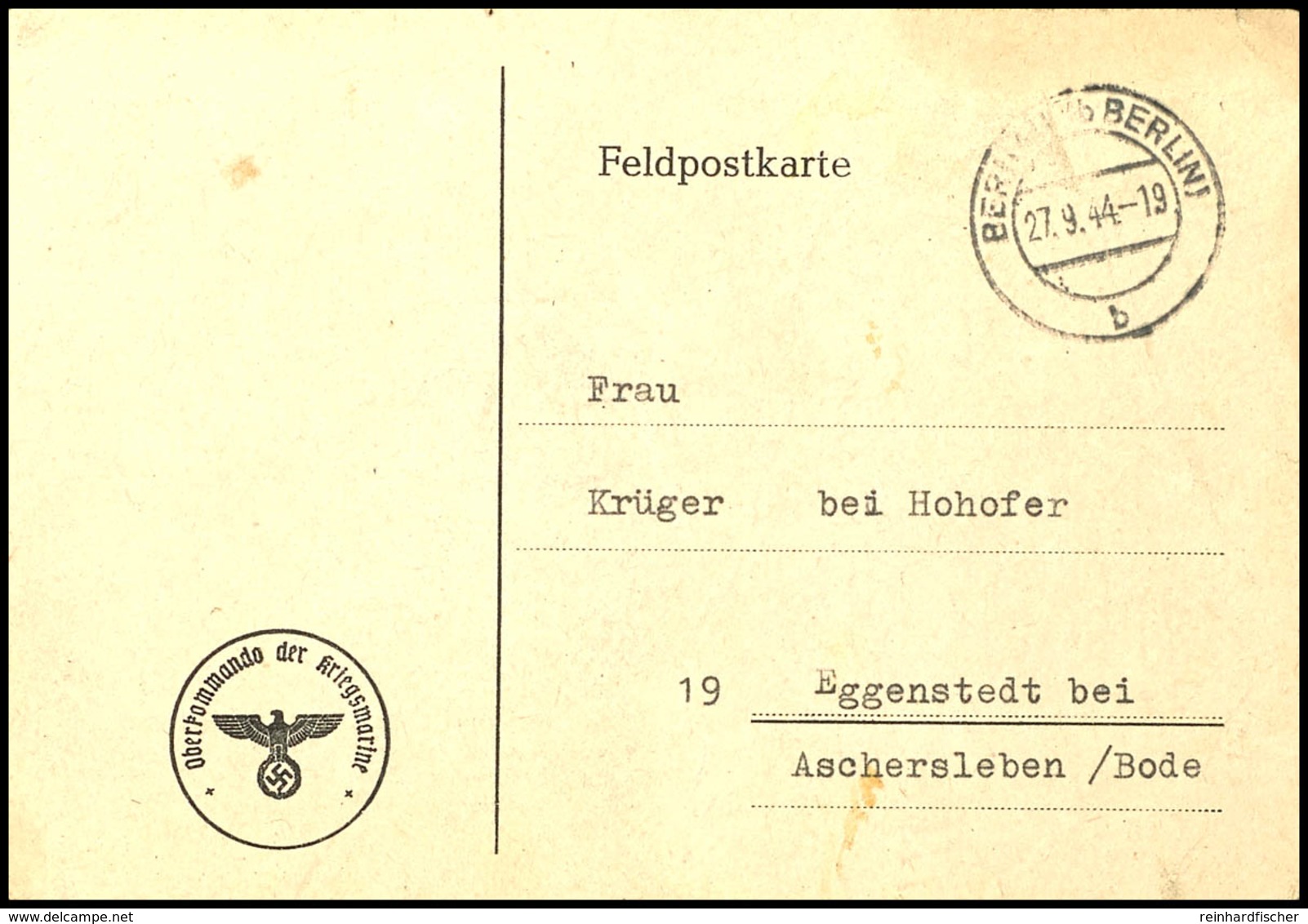 1944, Festung Lorient, Funknachrichtenkarte Mit Stempel BERNAU B.BERLIN 27.9.44 Nach Eggenstedt Bei Aschersleben, Etwas  - Andere & Zonder Classificatie