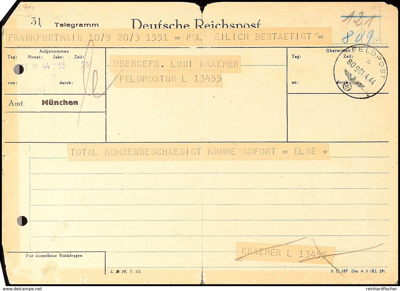 1944, Telegramm Aus Frankfurt Mit Pol. Bestätigung An Eine Feldpostnummer L 13455 Mit Feldpost-Normstempel A 809 1.4., ü - Sonstige & Ohne Zuordnung