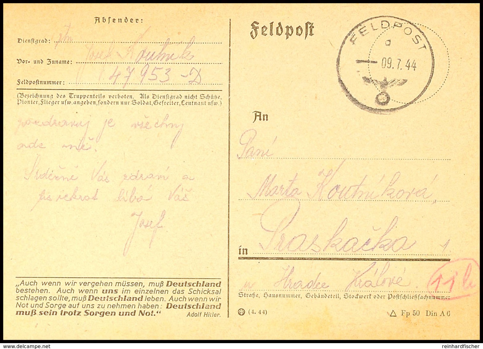 1944, Tschechen In Der Wehrmacht, Feldpostkarte Mit Normstempel D 9.7. Und Absenderangabe 47953 D (IX. Btl.) Nach Böhmen - Andere & Zonder Classificatie