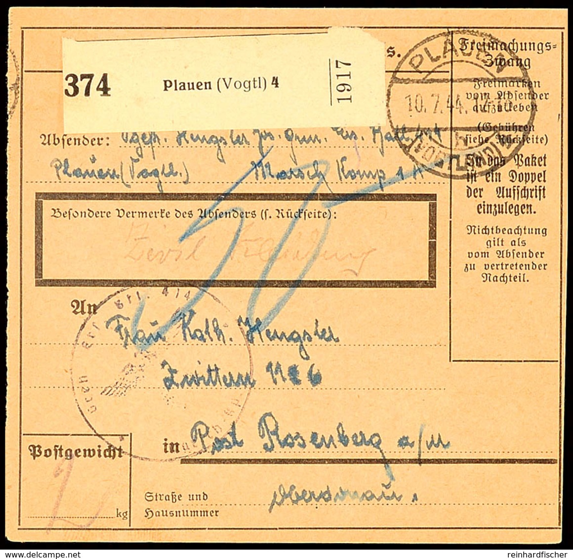 PAKETKARTE Mit Paketnr.-Zettel Von Plauen 10.7.44, Soldaten-Abs. Ers.Batl.414/Marsch Kp. Nach Rosenberg Mit Briefstempel - Andere & Zonder Classificatie