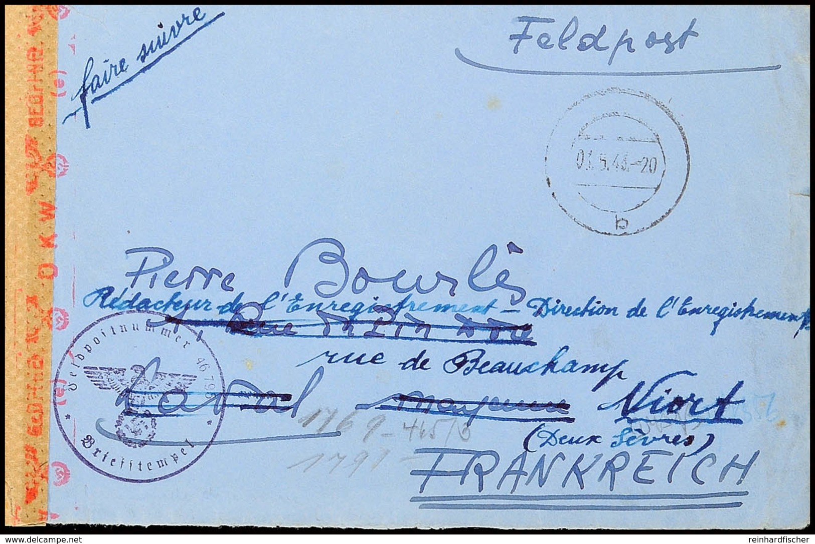 1943, Franzosen In Der Wehrmacht, Brief Mit Aptiertem Tagesstempel Vom 3.5.43 Sowie Briefstempel Und  Rückseitiger Absen - Sonstige & Ohne Zuordnung