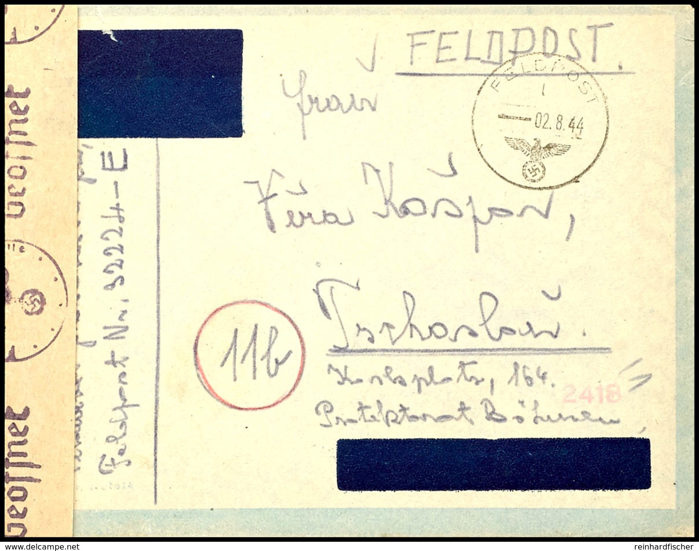 Tschechen In Der Wehrmacht: 1944, Brief Mit Normstempel "l 2.8." Mit Absenderangabe Mit Feldpostnummer "32224 E" (= 4. K - Andere & Zonder Classificatie