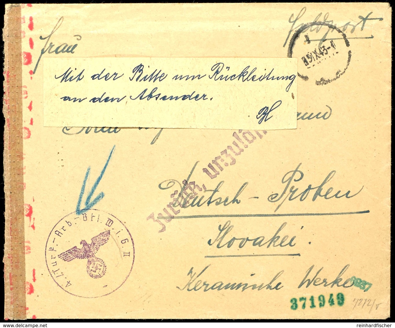 Turkestaner In Der Wehrmacht: 1943, Brief Mit Aptiertem Tagesstempel Vom 15.IX. Und Briefstempel "Turk.Arb.-Btl. W.i.G.  - Andere & Zonder Classificatie