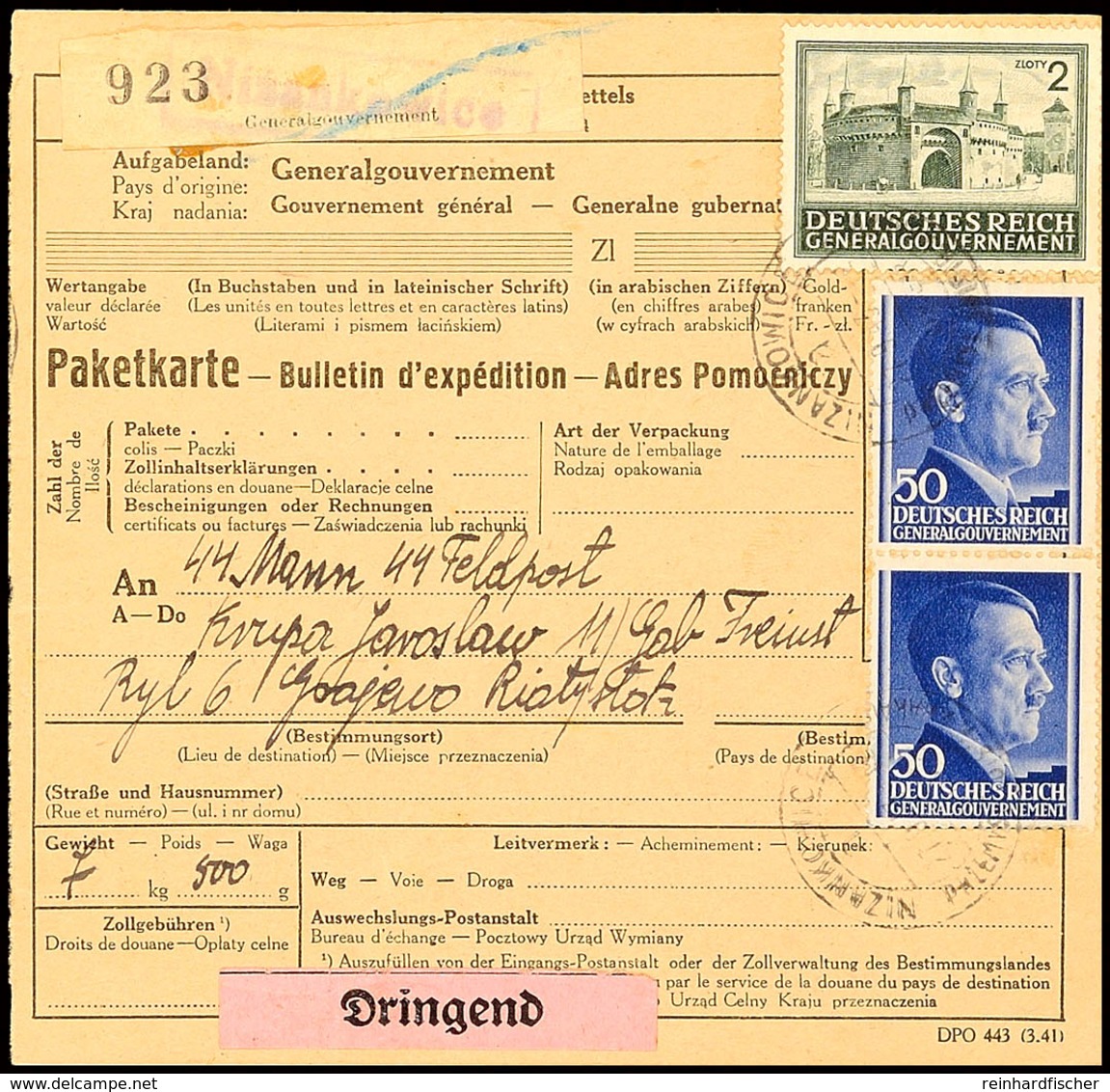 UDSSR: 1943, Frankierte Paketkarte Aus NIZANKOMICE 21.9 An Einem Galizischen SS-Freiwilligen Bei Der 11. Kp. Des Galiz.  - Sonstige & Ohne Zuordnung