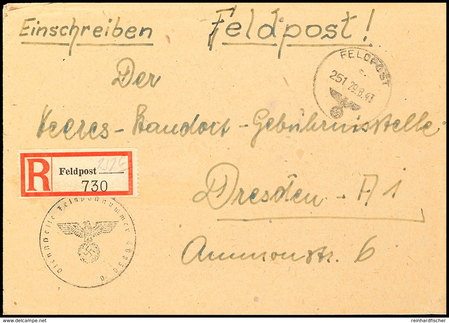 ARABER: 1943, Einschreibe-Dienstbrief Mit Norm-Stempel "c 251 29.8." Nach Dresden Mit Ankunftsstempel, Briefstempel Mit  - Andere & Zonder Classificatie