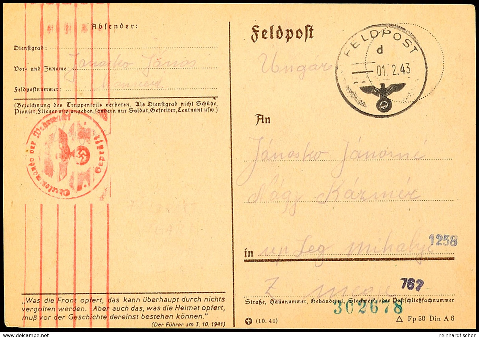 UNGARN: 1943, Feldpost-Vordruckkarte Mit Normstempel "d 1.2." Eines Ungarn In Einer Dt. Einheit Ohne Feldpost-Nummer Nac - Andere & Zonder Classificatie