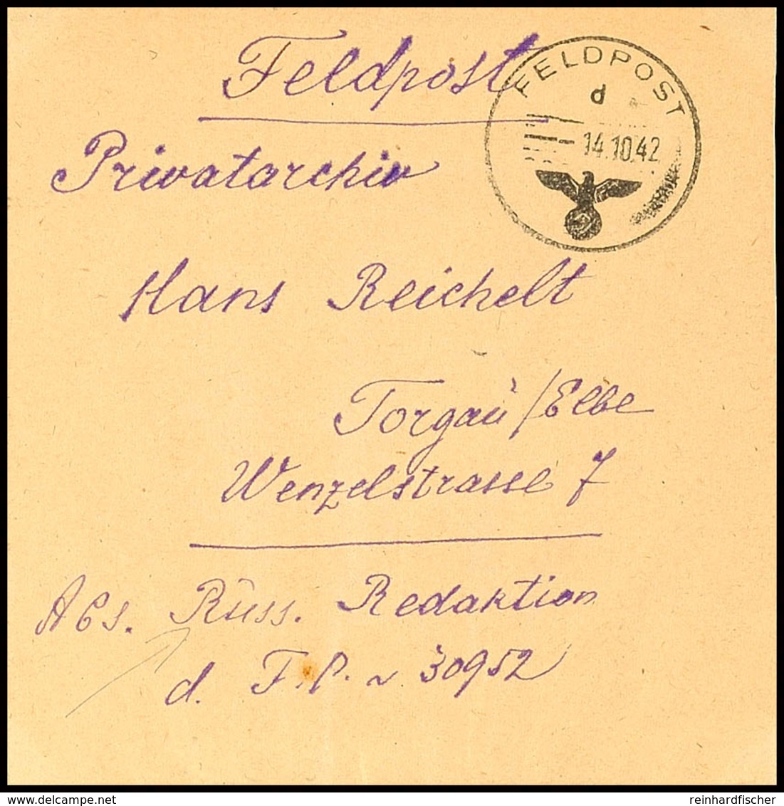 UdSSR: 1942, Feldpost-Streifband Mit Normstempel "d 14.10." Nach Torgau Mit Absenderangabe "Russ.Redaktion" Mit Feldpost - Andere & Zonder Classificatie