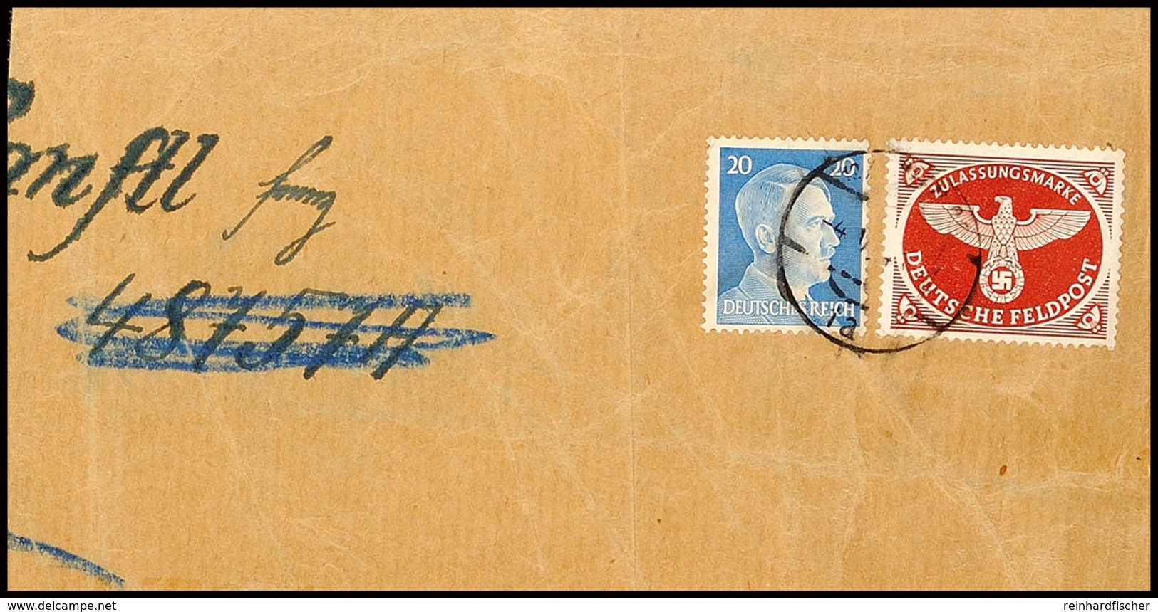 1944, Päckchen-Zulassungsmarke Gezähnt Und 20 Pfg. Hitler Mit Stempel "WIEN 4.V.." Auf Langformatigem Päckchen-Ausschnit - Andere & Zonder Classificatie