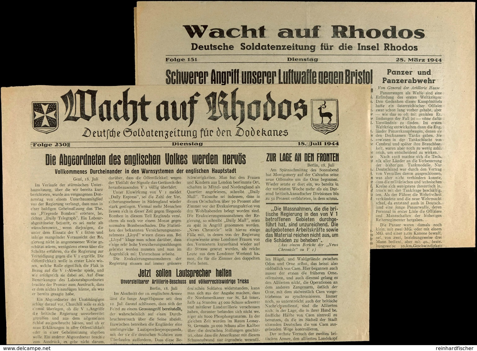 1944, "Wacht Auf Rhodos", Deutsche Soldatenzeitung Für Die Insel Rhodos, Ausgaben 28. März Und 18. Juli 1944 (im Untersc - Andere & Zonder Classificatie