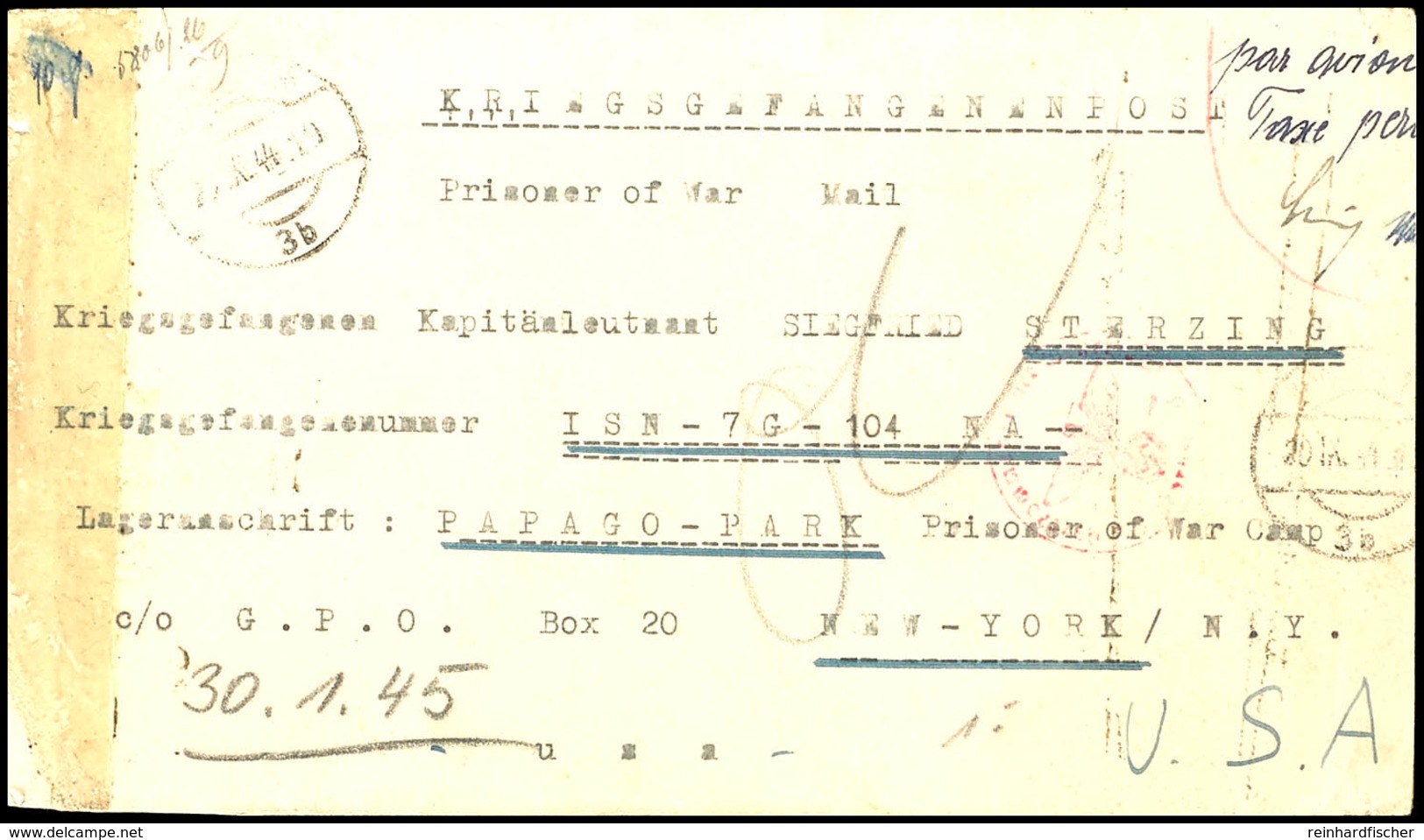 1944, Luftpost-KGF-Brief Aus WIEN 20.IX.44 Mit Hds. Tax Percue-Vermerk An Kapitänleutnant Siegried Sterzing In Das Lager - Andere & Zonder Classificatie