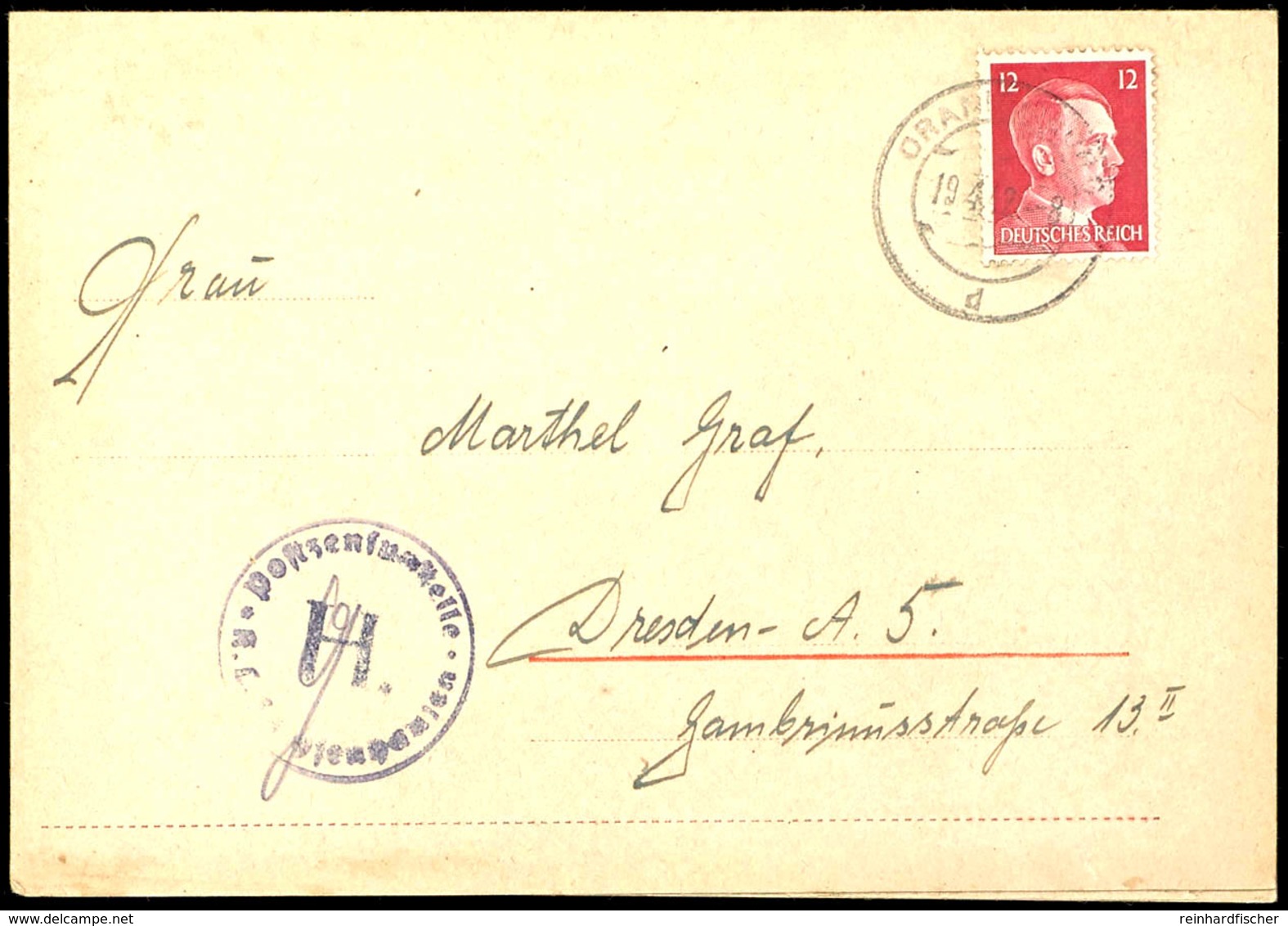 1942, Klappkarte Aus Dem KZ Sachsenhausen Mit 12 Pfg Hitler Von "ORANIENBURG 19.4.42" Nach Dresden Und Zensurstempel, Ro - Other & Unclassified