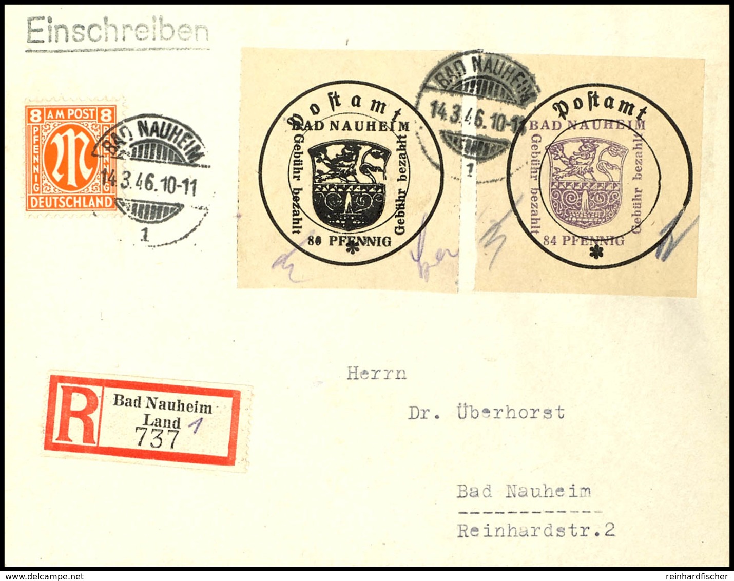 80 Pfg. Type II Mit 84 Pfg. Type I Und AM-Post 8 Pfg. (Nr. 5) Auf Orts-R-Brief BAD NAUHEIM 14.3.46, Katalog: 4IIy,5Iy BF - Bad Nauheim