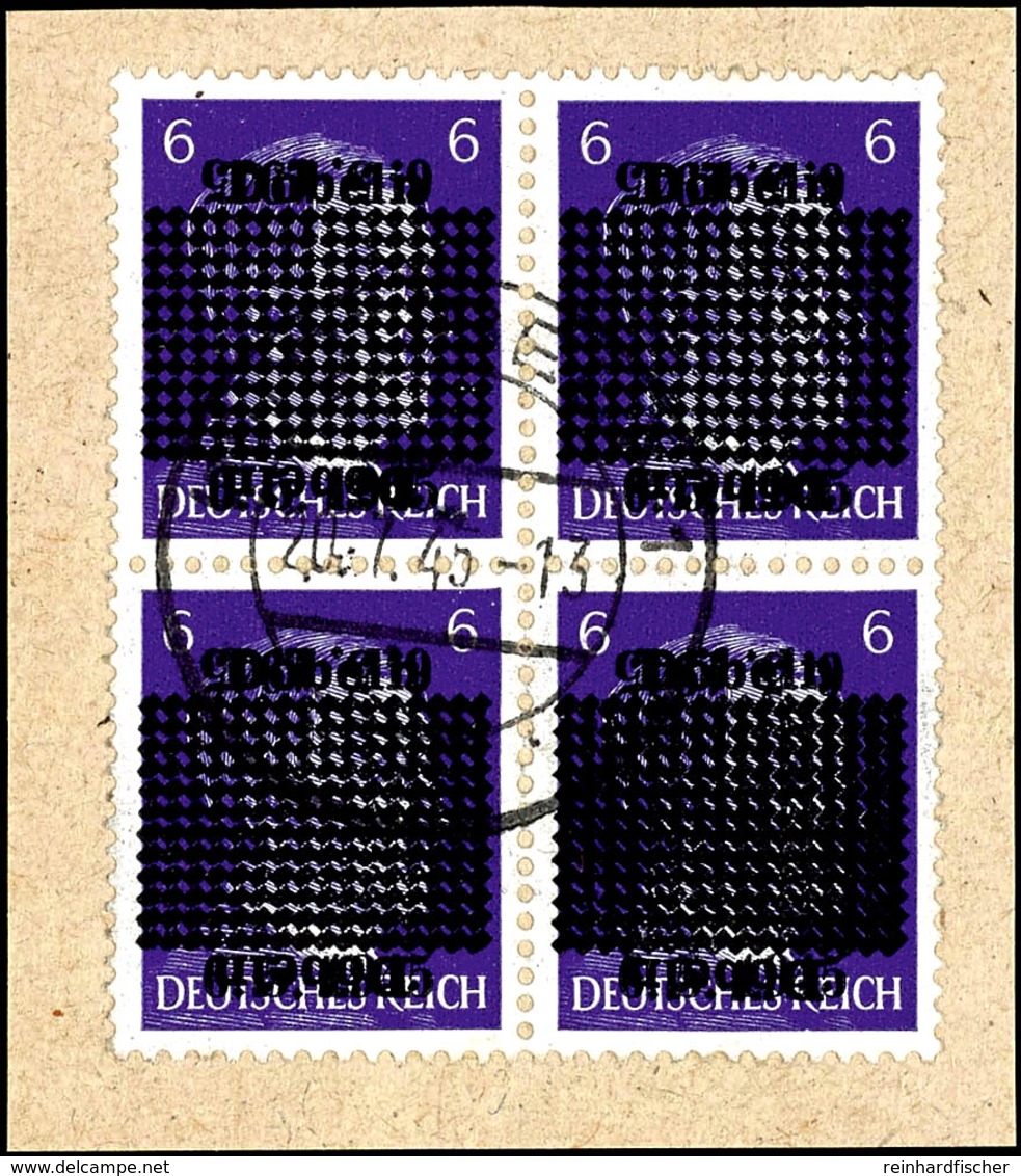 6 Pfg Hitler Lebhaftblauviolett Mit Doppeltem Aufdruck, Davon Einer Kopfstehend, 4er-Block Auf Briefstück, Zentrisch Ges - Doebeln