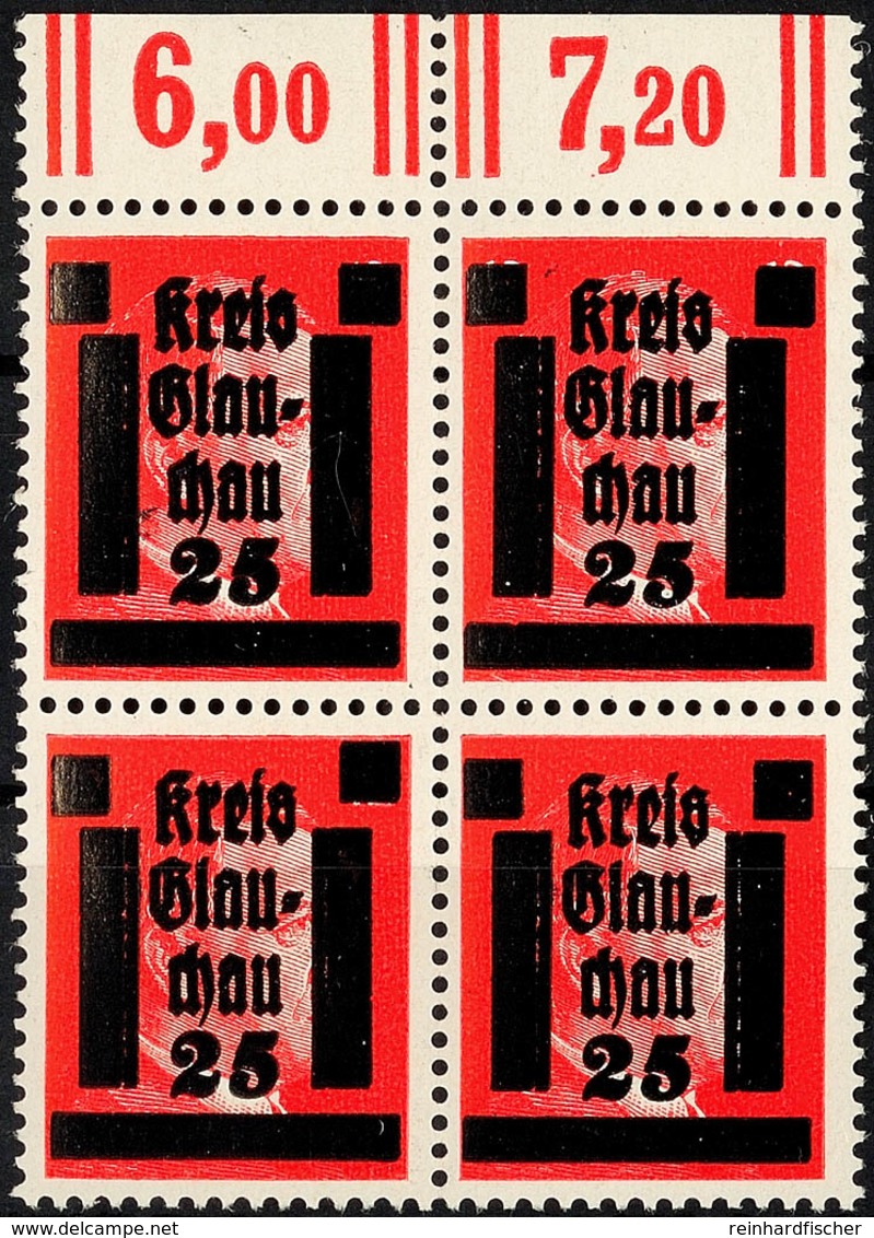 25 A. 12 Pf. Rot, Oberrand-4er-Block Mit Doppeltem Aufdruck, Postfrisch, Sign. Sturm, Mi. 300.-, Katalog: 7DD ** - Glauchau