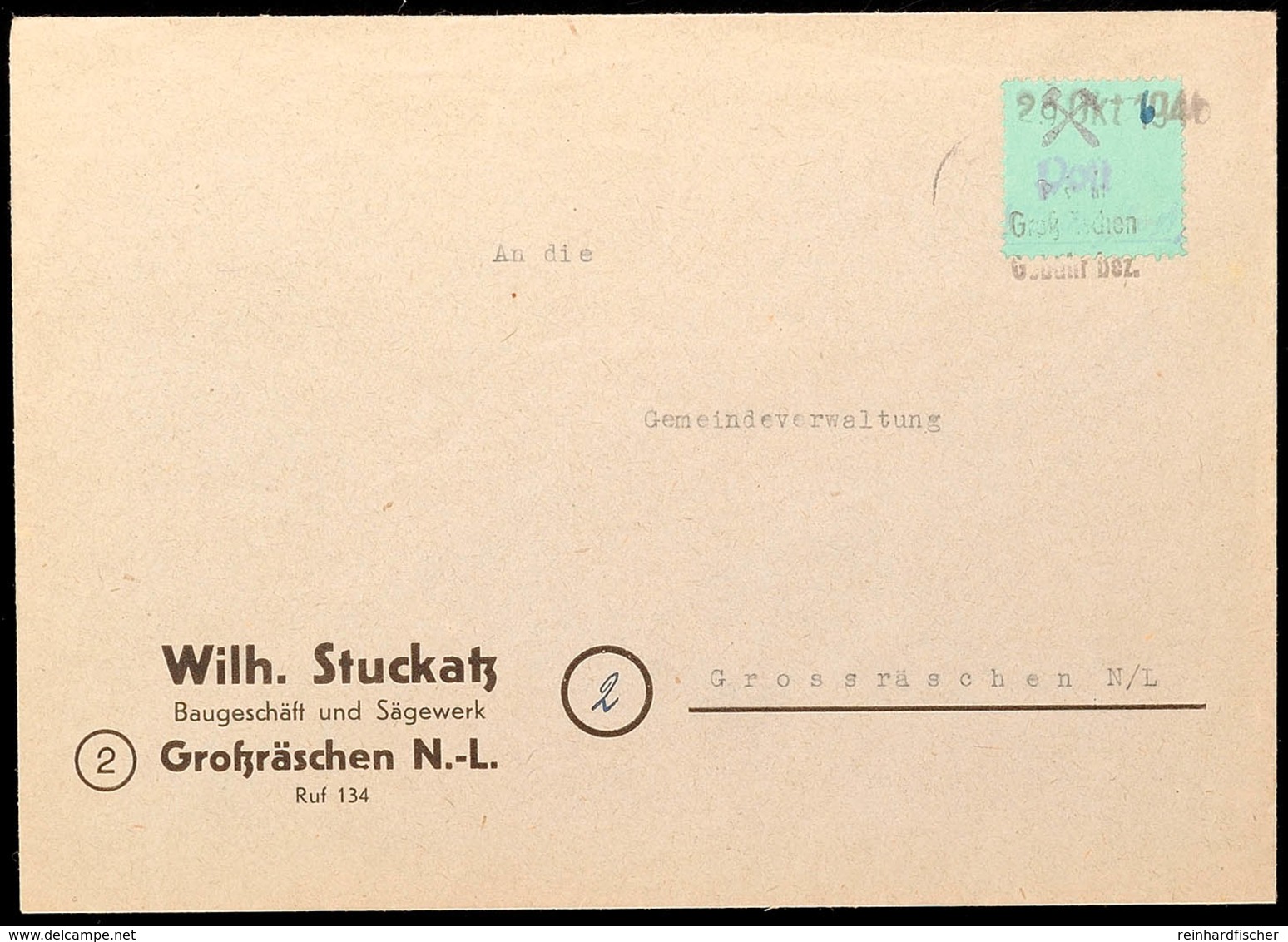 6 Pfg Gebührenmarke Als Einzelfrankatur Auf Firmenbrief, Klar Entwertet Mit Notstempel Type G Vom 29.1945, Tadellos, Kat - Grossraeschen