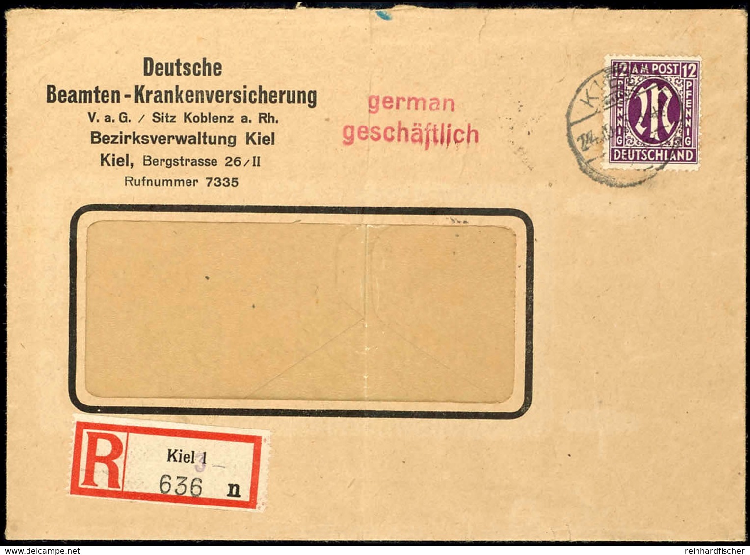 30 Pfg Einschreibezettel Mit Gebührenfunktion "Kiel 1", Als Notmaßnahme Mit "3" überstempelt, Zusammen Mit 12 Pfg AM-Pos - Kiel