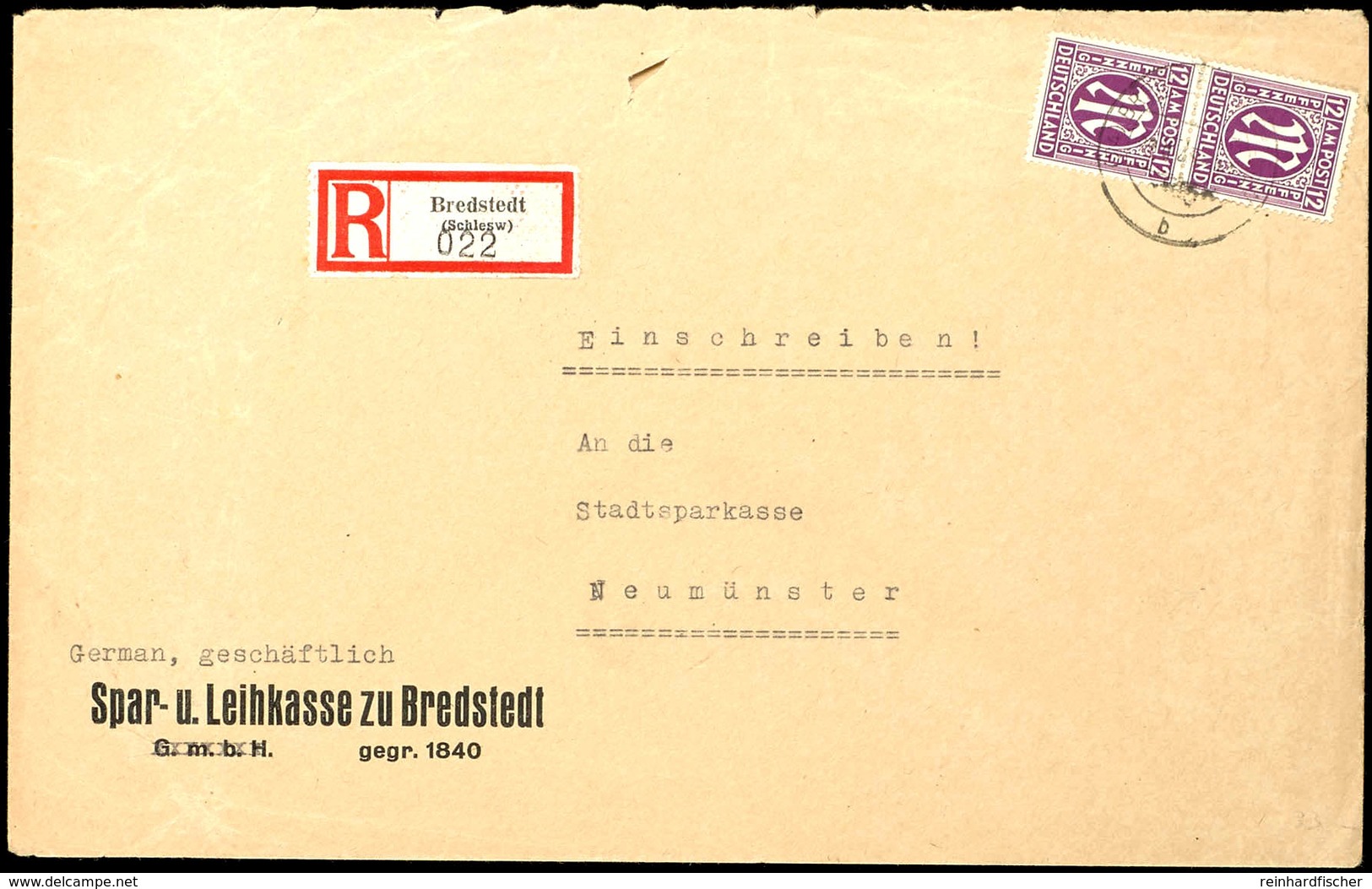 Bredstedt (Schlesw), 30 Pfg Einschreibezettel Mit Gebührenfunktion Sowie Senkrechtes Paar 12 Pfg AM-Post Auf Größerforma - Kiel