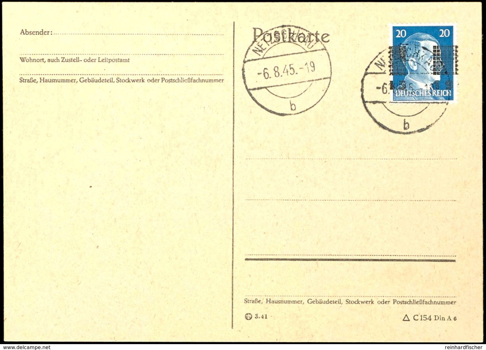 20 Pfg Hitler Mit Gitteraufdruck Mit Aufdruckfehler I " '4519' Statt '1945' " Auf Blanko-Postkarte, Zentrisch Gestempelt - Other & Unclassified