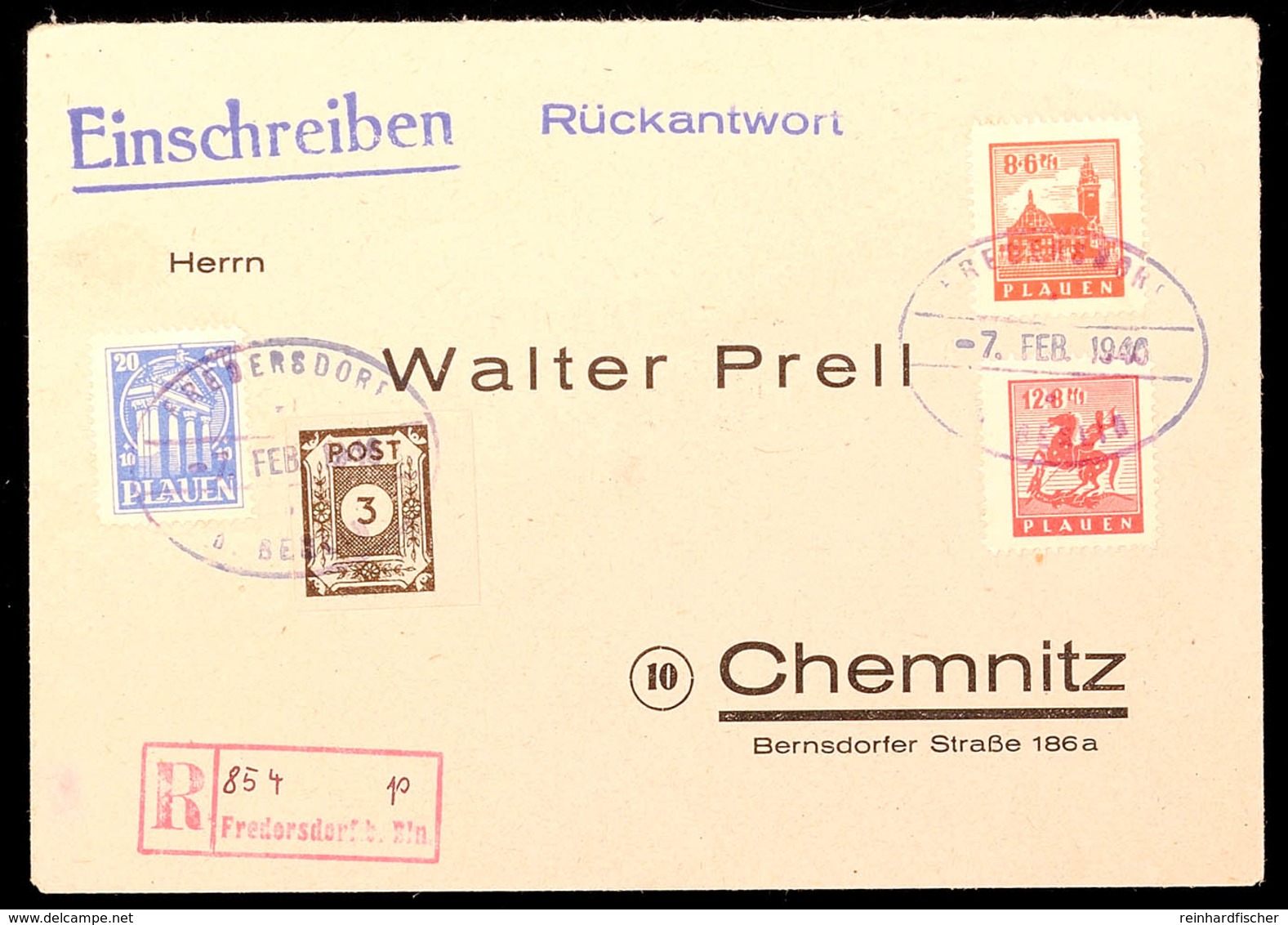 8, 12 Und 20 Pf. Volkshilfe In MiF Mit 3 Pf. Ostsachsen A. R.-Brief Von Fredersdorf Nach Chemnitz, Klarer Notstempel "FR - Plauen