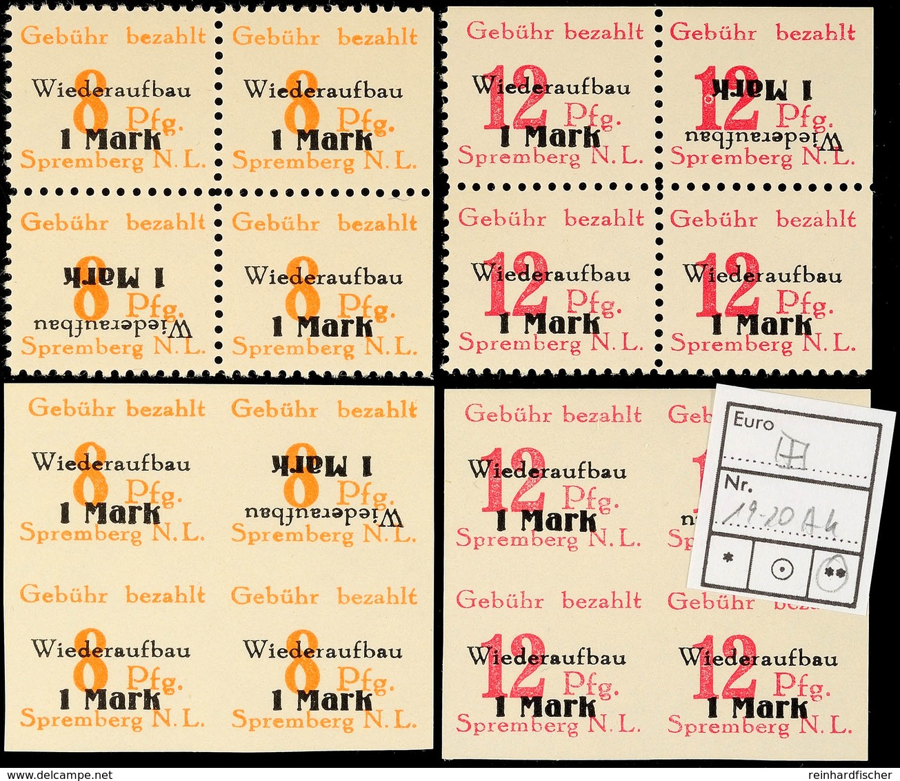 8 Pf. + 1 M. Und 12 Pf. + 1M. Wiederaufbau, Gezähnt Und Ungezähnt, Je Im 4er-Block, Dabei Je 1 Wert Mit Kopfst. Aufdruck - Spremberg