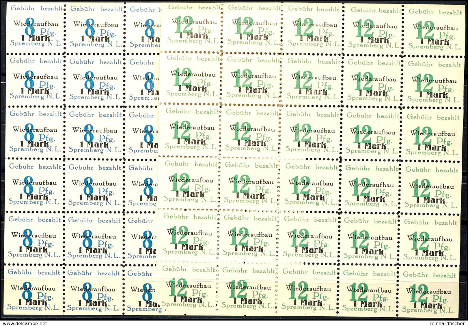 8 Pfg. + 1M. Cyanblau/schwarz Und 12 Pfg. + 1M. Dunkelgelblichgrün/schwarz, Gezähnt, In Kompl. Bogen Zu 30 Marken, Postf - Spremberg