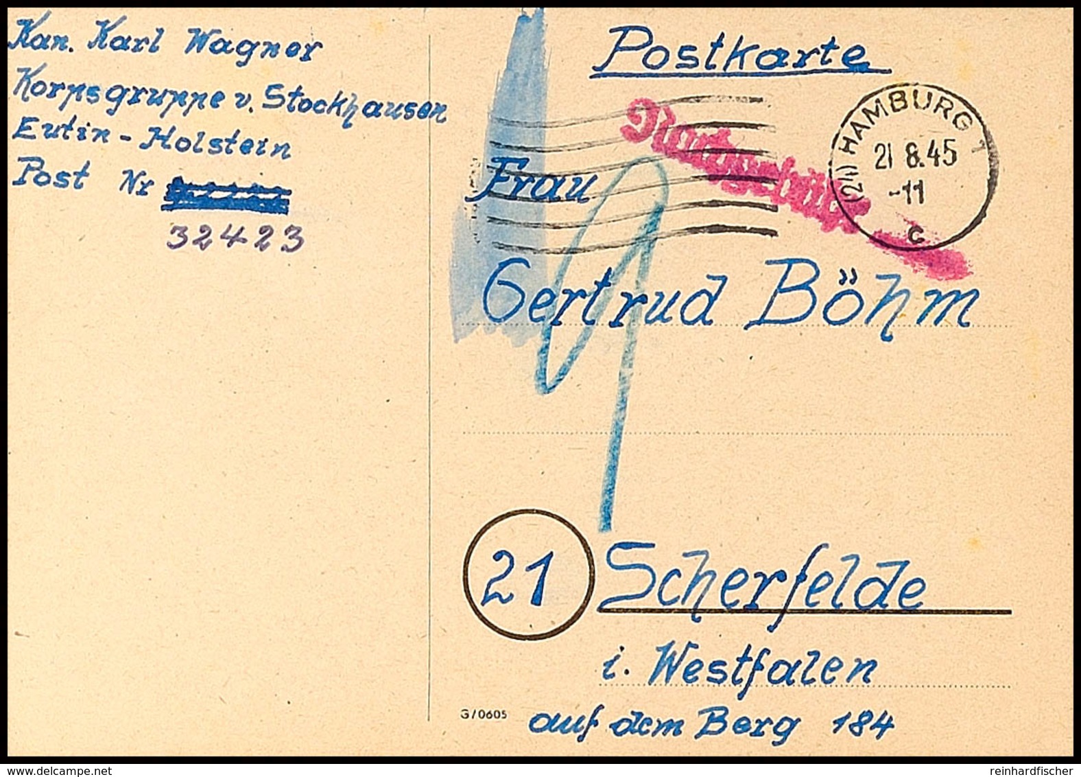 1945, Korpsgruppe Von Stockhausen, Unfrankierte Postkarte Mit Absender Aus Eutin Mit Poststempel HAMBURG 21.8. Und Nachg - Andere & Zonder Classificatie