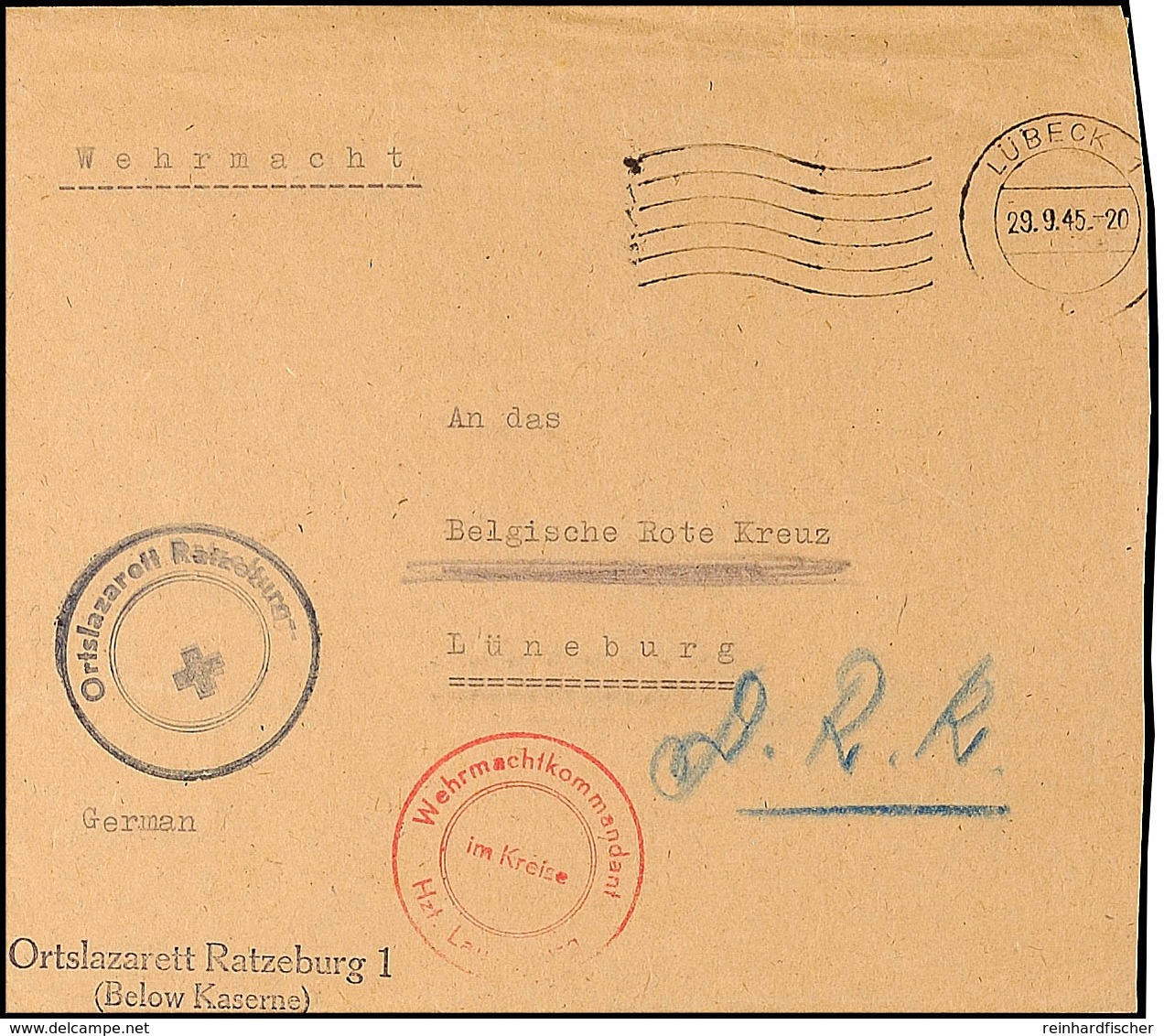 1945, Portofreier Wehrmachts-Brief Mit Absender-Stempel "Ortslazarett Ratzeburg 1 (Below Kaserne) Und Rotem K2 Wehrmacht - Andere & Zonder Classificatie