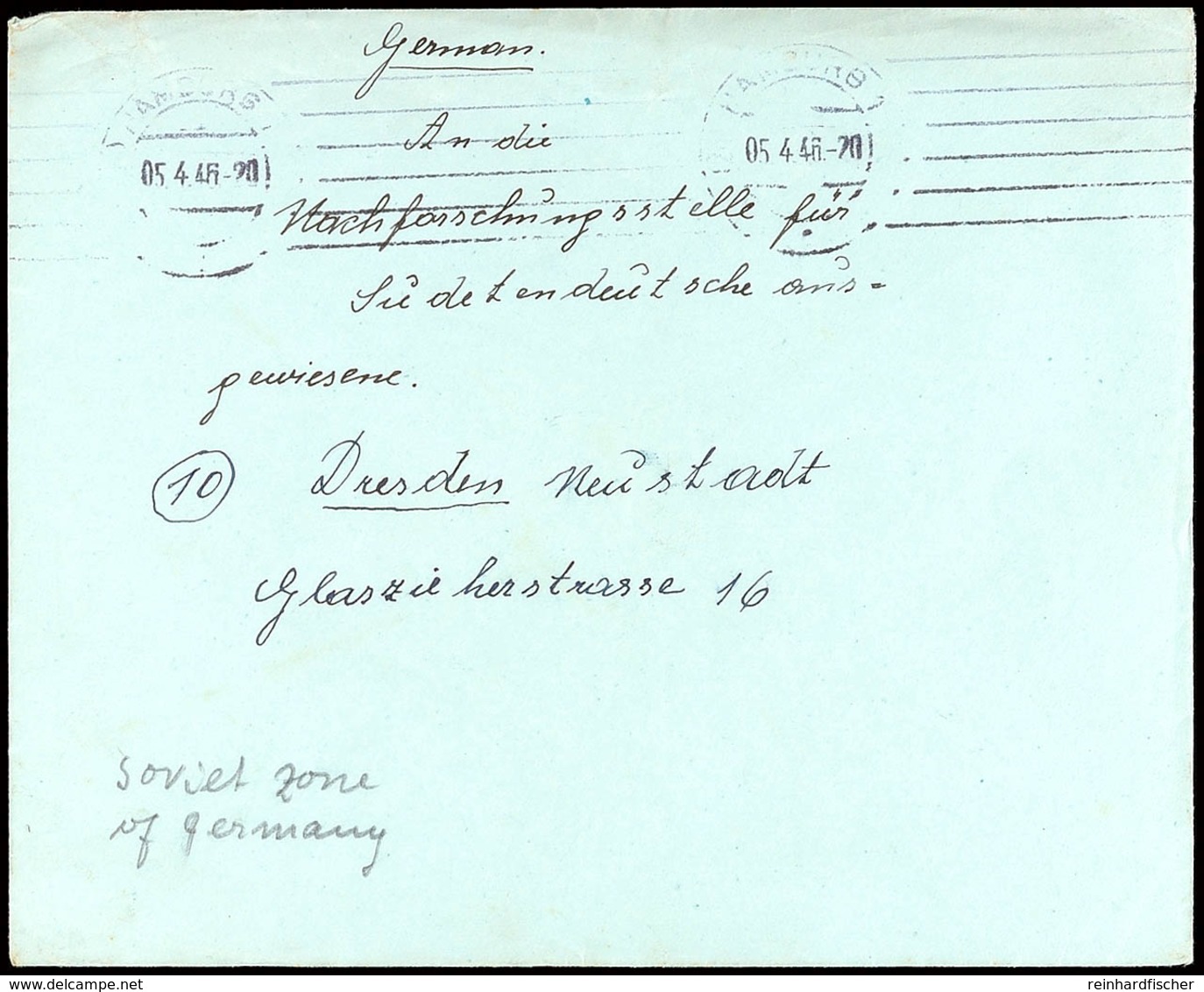 1946, Unfrankierter Brief Aus HAMBURG 5.4. An Eine Nachforschungsstelle In Dresden, Rückseitig Mit Kompletten Absenders  - Andere & Zonder Classificatie