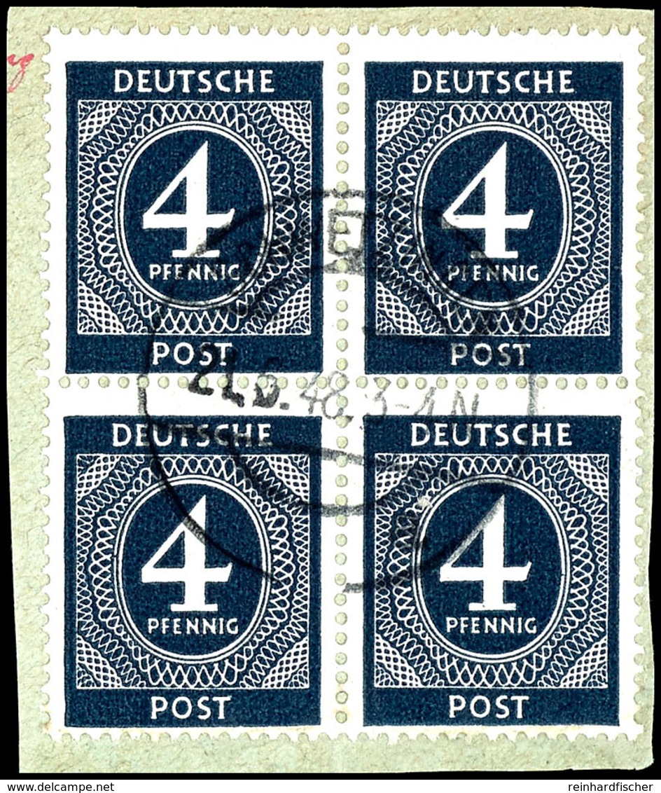 4 Pf. Ziffer, Schwarzblau Im Viererblock A. Briefstück, Fotobefund Arge Kontrollrat, Mi. 400,-, Katalog: 914b(4) BS - Andere & Zonder Classificatie