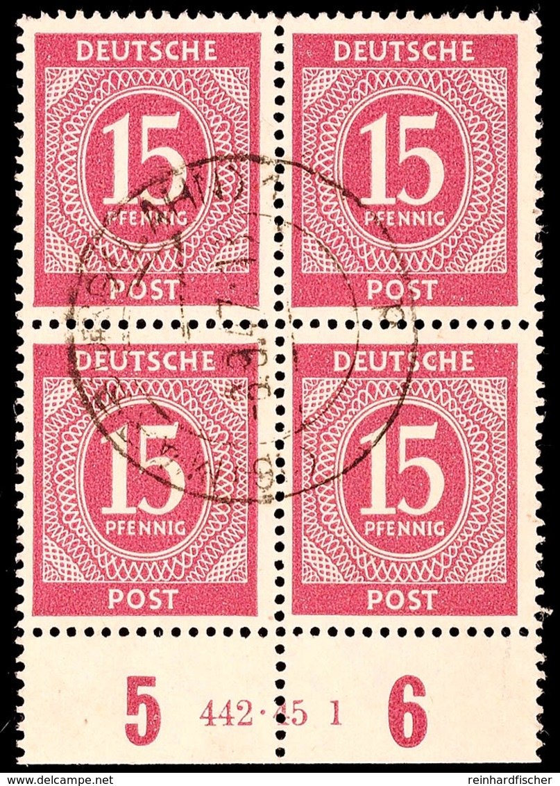 15 Pf. Ziffer Bräunlichlila, Unterrand-4er-Block Mit HAN 442.45 1, Zentrisch Gestempelt MARBURG 8.9.47, Katalog: 921HAN  - Other & Unclassified