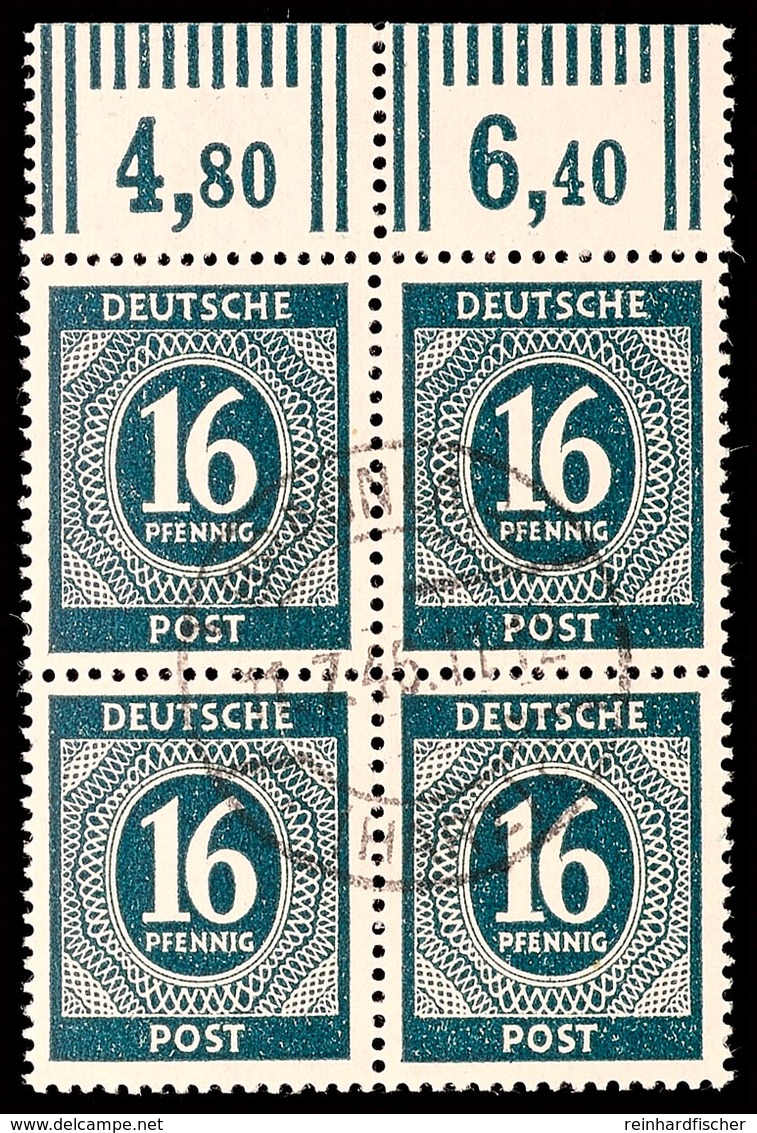 16 Pf. Ziffer Schwarzgrünlichblau, Walzendruck, Oberrand-4er-Block Gestempelt BRAUNLAGE 11.7.46, Farbsign. Arge, Kurzbef - Andere & Zonder Classificatie