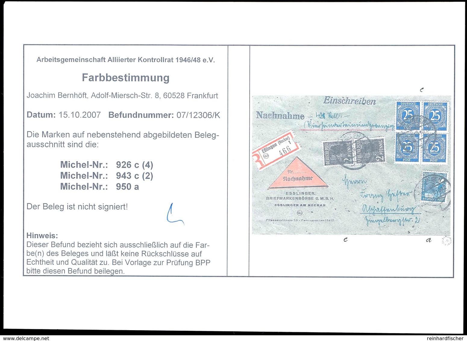 25 Pf. Ziffer Lebhaftlilaultramarin Im 4er-Block (1 Wert Zahnmängel) Mit Zusatzfrankatur A. Portogerechtem Nachnahme-R.- - Andere & Zonder Classificatie