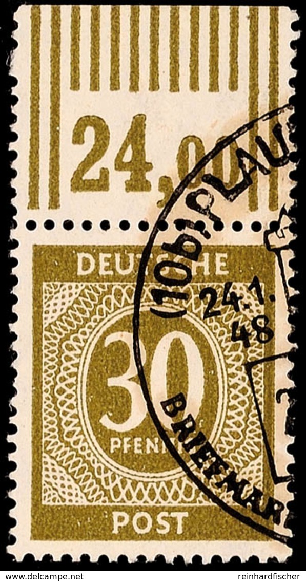 30 Pf. Ziffer Bräunlicholiv, Oberrandstück Walzendruck, Gestempelt, Farbgepr. Arge, Mi. 250.-, Katalog: 928bWOR O - Andere & Zonder Classificatie