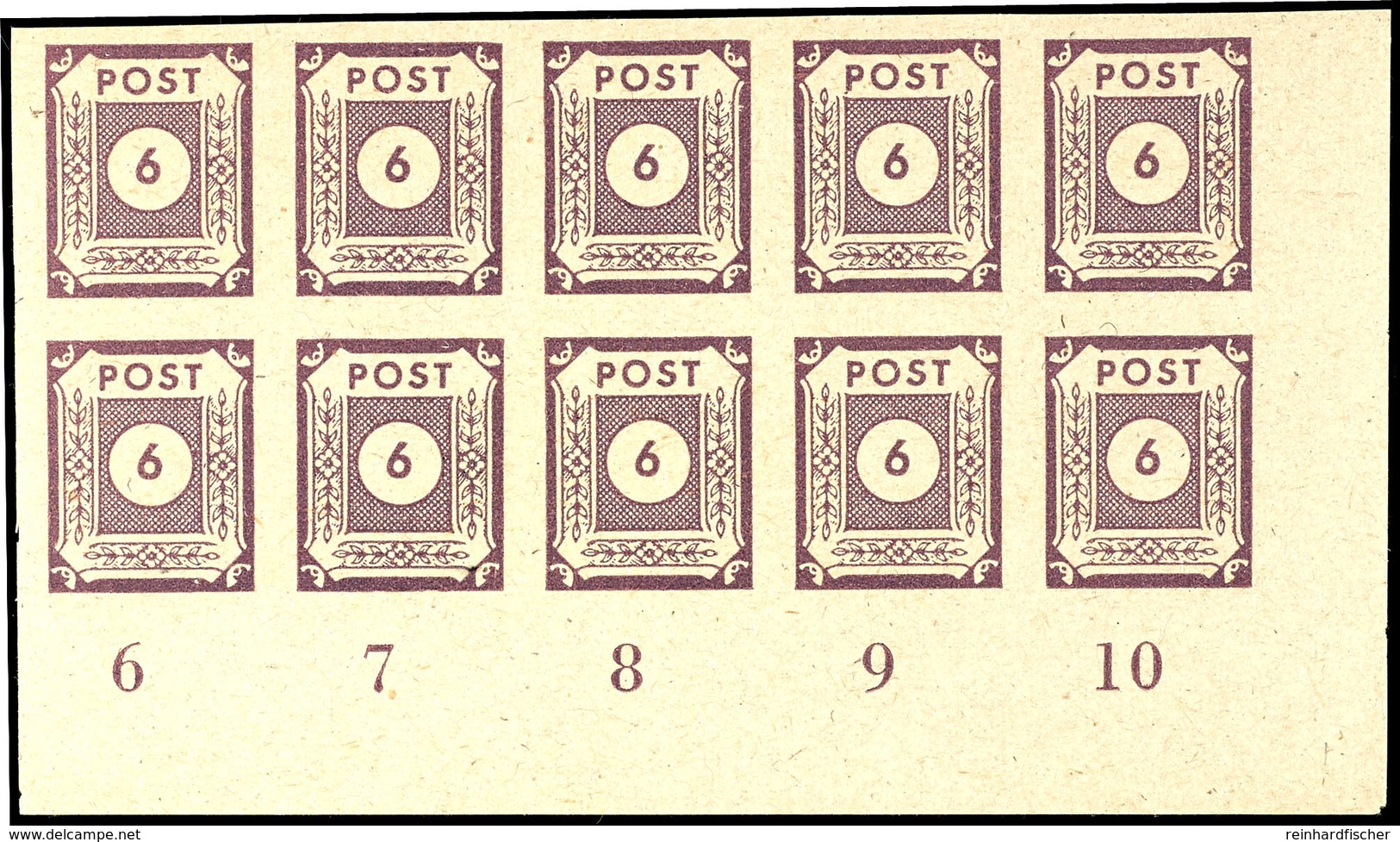 6 Pfg. Grauviolett, Waagerechter 10er- Block Aus Der Rechten Unteren Bogenecke, Postfrisch, U.a. Geprüft Findeisen BPP,  - Andere & Zonder Classificatie