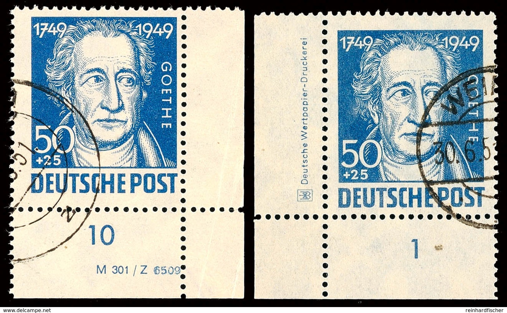 50 Pfg. Goethe, 2 Gestempelte Pracht-Bogenecken Mit Druckvermerk Bzw. Druckereizeichen, Katalog: 237DV,DZ O - Andere & Zonder Classificatie