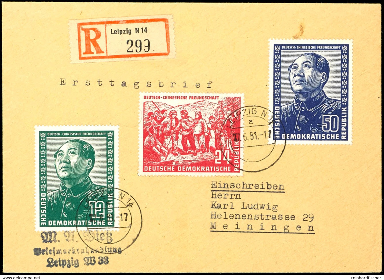 12 - 50 Pfennig Deutsch-chinesische Freundschaft, 3 Werte Komplett Auf Satz-R-FDC Von "LEIPZIG N14 27.6.51" Nach Meining - Andere & Zonder Classificatie