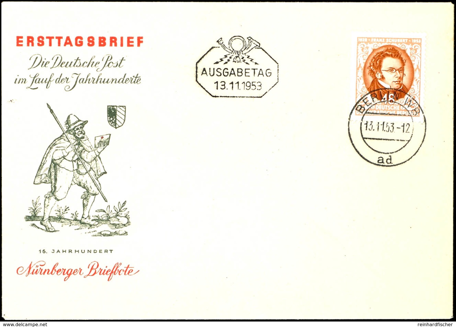 48 Pfg Schubert Auf Blanko-Schmuck-FDC Von "BERLIN W8 13.11.53", Tadellose Erhaltung, Mi. 160.-, Katalog: 404 FDC BF - Other & Unclassified