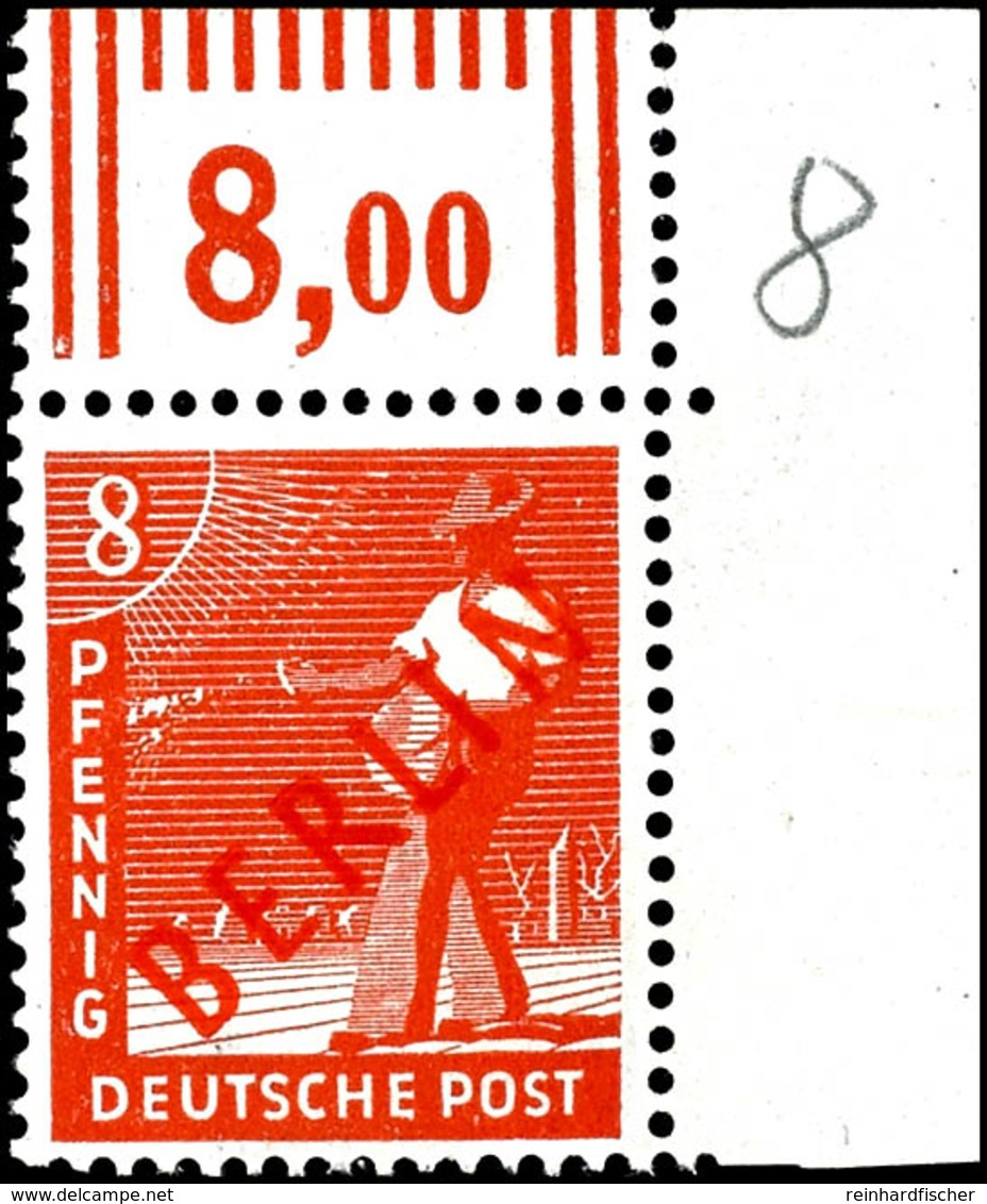 8 Pf Rotaufdruck Rechte Obere Bogenecke Walze Tadellos Postfrisch, Tiefst Gepr. Schlegel BPP, Mi. 250,--, Katalog: 23 W  - Andere & Zonder Classificatie