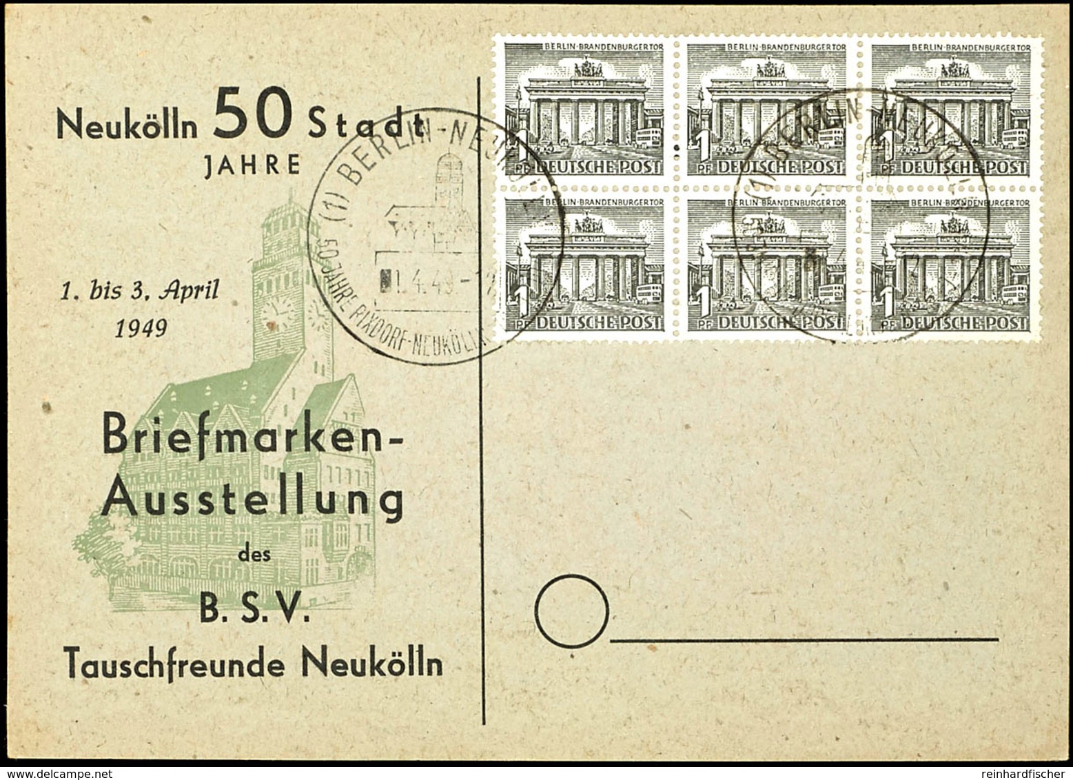 1 Pfennig Berliner Bauten, Sechserblock Auf Blanko-Karte Mit Entwertung "BERLIN NEUKÖLLN 1.4.49", Bogenfelder 67 - 69 Un - Other & Unclassified