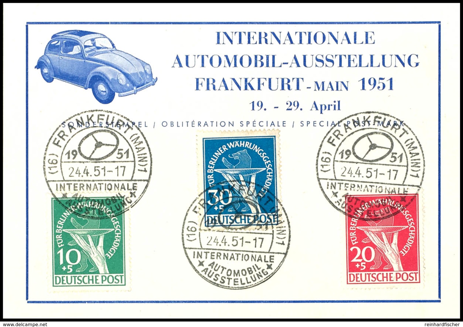 10 Pfg Bis 30 Pfg Währungsgeschädigte, Kpl. Satz Auf Messekarte Zur IAA Frankfurt 1951 Mit Motiv "Volkswagen Käfer", Ent - Andere & Zonder Classificatie